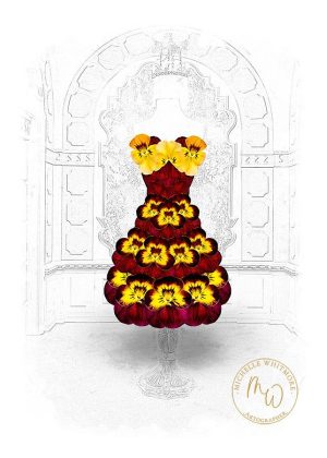 Golden Smiles: A floral ballgown made from pansy flowers, on a mannequin.