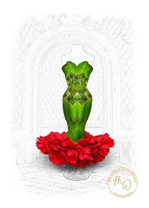 Green Goddess ballgown created with a red carnation.