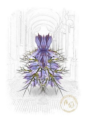 Misty Blue ballgown created with Nigella flowers