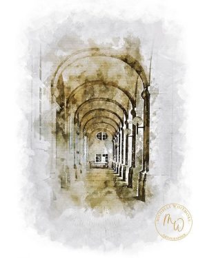 Michelle Whitmore Stable Walk - architectural surrealist print featuring the stables at Christiansborg Palace in Copenhagen.