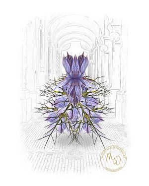 Discover "Misty Blue" by Michelle Whitmore. A beautiful, surrealist soft blue ballgown created using the spikey leaves and the delicate petals of the Nigella flower, exuding soft, cool, and ethereal summer vibes.